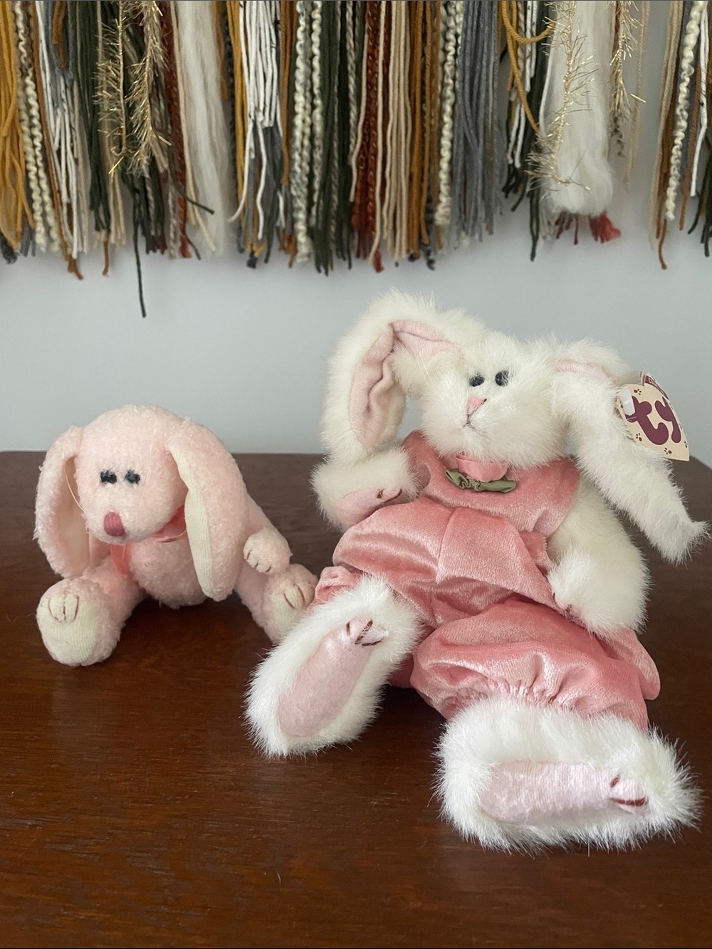 Ty Pink Bunny Plush Duo - White-Trim Velour & Soft Pink Companion
